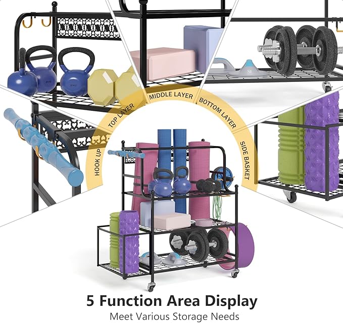 Y&M Yoga Mat Storage Racks, Home Gym Storage Rack for Organizing Kettlebells Dumbbells Foam Roller, All-in-One Workout Equipment Storage Organizer with Hooks and Wheels, Yoga Strap and Resistance Band