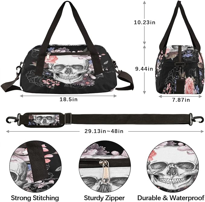 Sugar Skull Flower Halloween Gym Bag for Women Men, Small Travel Duffel Bag for Sports Getaway Overnight Bag Lightweight Weekender Bags Workout Bag Dance Bag for Boys Girls Kids Teens