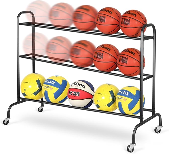 Basketball Rack Training Stand - Tilt Ball Training Equipment Holder Shooting Rolling Storage Cart with Wheels Sports Outdoor Volleyball Soccer Football Garage Organizer Basketball Accessories