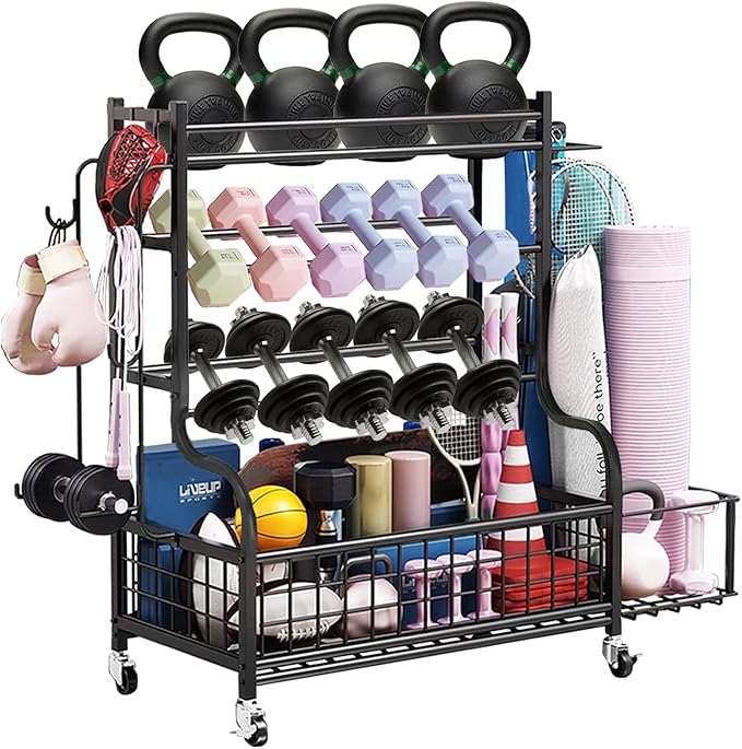 Dumbbell Rack, Weight Rack for Kettlebells, Storage Holder for Yoga and Workout Equipment, Home Gym Storage Rack with Wheels and Hooks