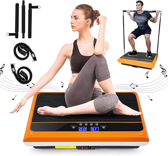 Vibration Plate Exercise Machine Whole Body Vibration Platform Machine with Pilates Bar Resistance Bands for Home Fitness Training Equipment & Weight Loss