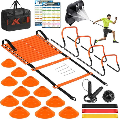 Agility Speed Training Equipment Set - 20ft Speed Ladder 12 Cones, 4 Adjustable 3 Resistance