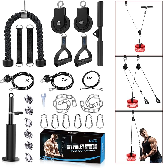 Cable Pulley System Gym, Upgraded Weight Pulley System with 3 Detachable Handles, LAT and Lift Pulley Attachments for Biceps Curl, Triceps, Chest Workout - DIY Home Gym Fitness Equipment