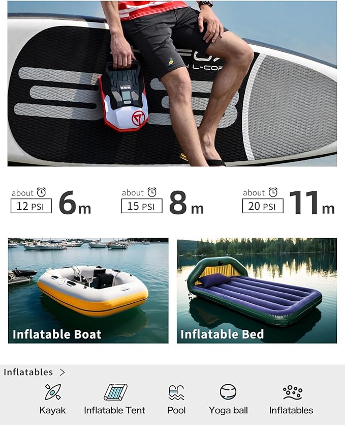 Paddle Board Pump Electric Portable with Dual Stage Inflation, 22PSI High Pressure Air Pump for Paddleboard/Inflatable Bed/Mattress with 12V DC Car Connector and Portable Boat Accessories