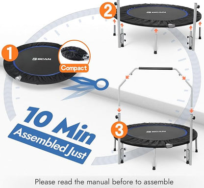 BCAN 40/48" Foldable Mini Trampoline Max Load 330lbs/440lbs, Fitness Rebounder with Adjustable Foam Handle, Exercise Trampoline for Adults Indoor/Garden Workout