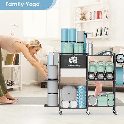 Yoga Mat Storage Rack，Home Gym Storage Rack Gym Workout Equipment Storage Organizer Fitness Weight Rack on Wheels for Yoga Mat,Yoga Block,Foam Roller,Resistance Band,Dumbbell,Kettlebell and Other Workout Accessories