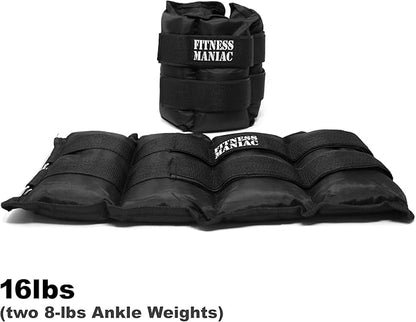 FITNESS MANIAC USA Pro Ankle Weights 1 Pair Double Straps Heavy Weight, 16 lbs (8 Pounds Per Ankle) Premium Durable Set for Gym, Workout, Walking, Ab, Leg and Glute Exercises for Men Women