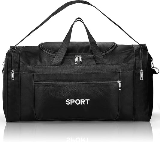 Nylon Duffel Bag, 22" Basics Medium Foldable Travel Bag, Overnight Luggage Gym Bag with Zippers and Handles, Lightweight Sports Equipment Organizer with Shoulder for Men and Women, Black