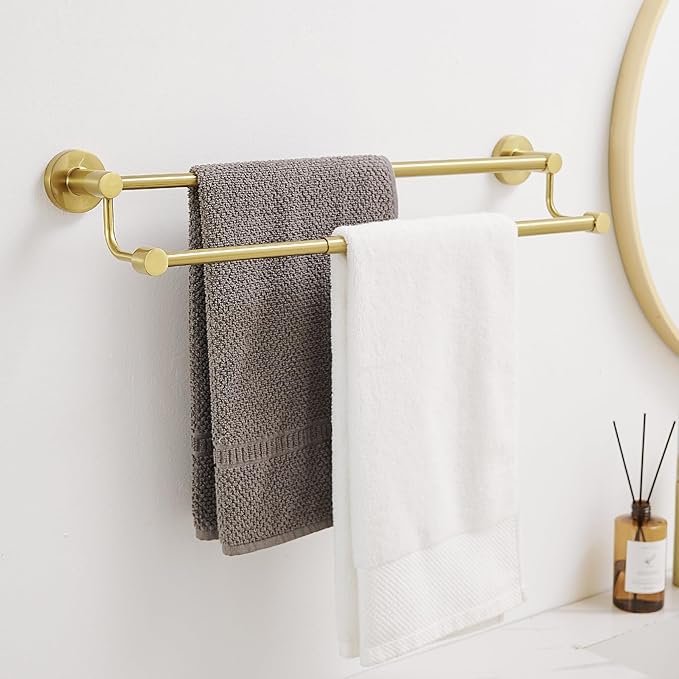 BESy Adjustable 16.5-28.5 Inches Double Bath Towel Bar for Bathroom SUS304 Stainless Steel Towel Holder, Hotel Style Wall Mount with Screws Hand Towel Bar，Towel Rack Rod Hanger, Brushed Gold Finish