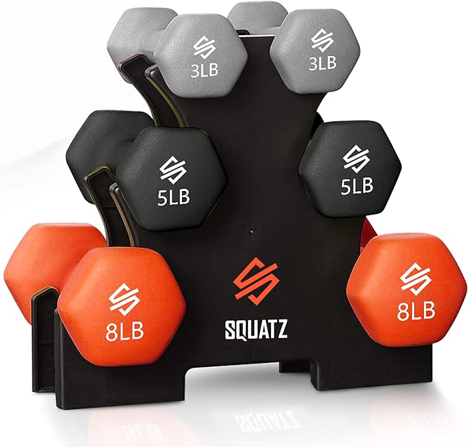 Dumbbell Weights Set with Stand, 32lbs Neoprene Coated Weights in Color Gray, Black, and Orange, Hex Shape Anti Slip and Roll Dumbbells for Exercise, Training, Fitness, Yoga