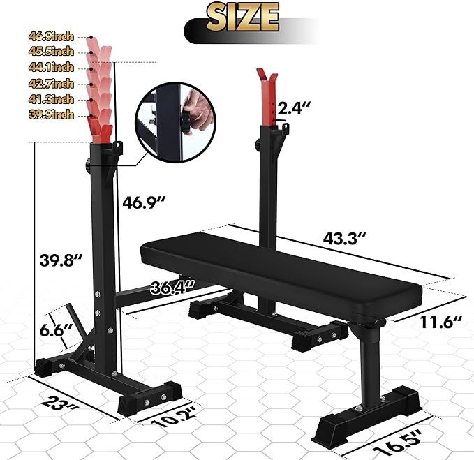 Bench Press, CANPA Olympic Weight Bench with Squat Rack Workout Bench Adjustable Barbell Rack Stand Strength Training Home Gym Multi-Function