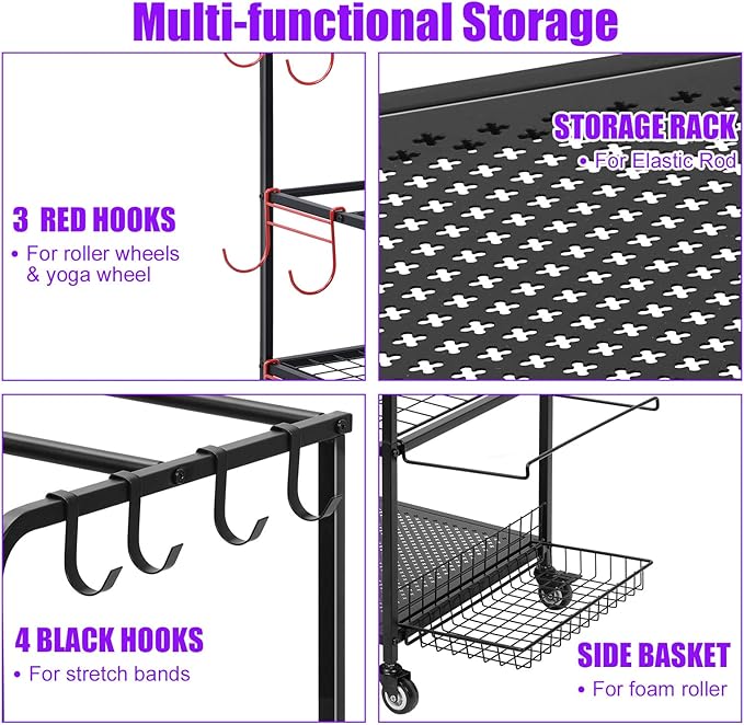 Home Gym Storage Rack, Yoga Mat Storage Racks Workout Storage Weight Rack for Dumbbells Kettlebells Foam Rollers Yoga Strap Resistance Bands, Fitness Equipment with Hooks and Wheels