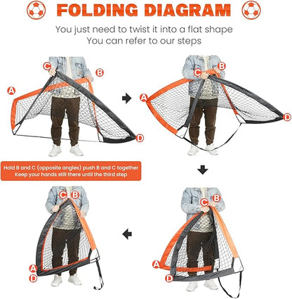 Simple Deluxe 4‘x3’ Portable Soccer Goal, Pop Up Folding Soccer Net Comes with 2 Oxford Cloth Bags and 8 Stakes, Great for Training for Backyard, 2 Set, Orange & Black