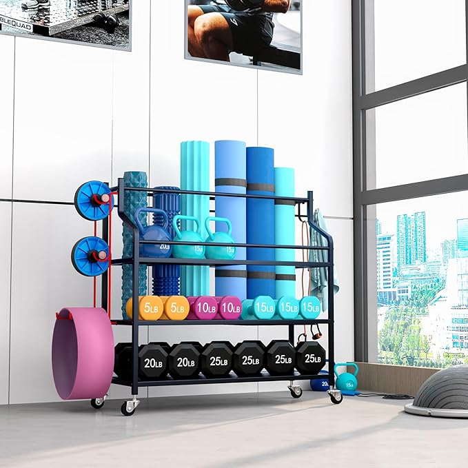 Yoga Mat Storage Rack Cart Multifunctional large Capacity Dumbbell Stable Steel Rolling Storage rack for Large Rolling Kettlebells Rope,Home Gym Workout Organizer Fitness Sports for Home