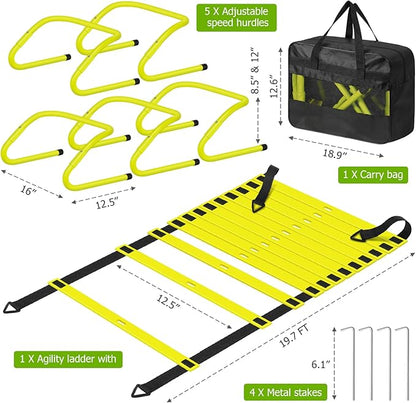 Speed and Agility Training Equipment: 5 Adjustable Agility Hurdles. 20ft Agility Ladder, Soccer Training Equipment Set for Kids Youth Adults