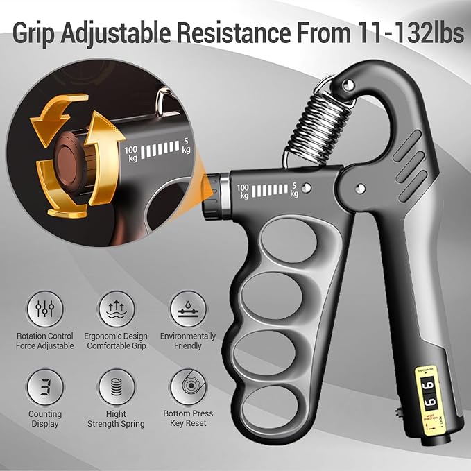 Hand Grips Strengthener, Forearm Strength Trainer- Adjustable Resistance 11-220Lbs Hand gripper with Counting,Finger Exerciser,Hand Extension Exerciser for Muscle Building and Injury Recover Combo Set