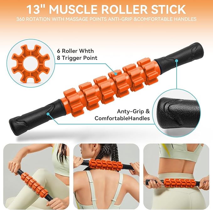 5 in 1 Foam Roller Set for Deep Tissue Muscle Massage, Trigger Point Fitness Exercise Foam Roller, Massage Roller, Massage Ball, Stretching Strap, for Whole Body (Orange Black)