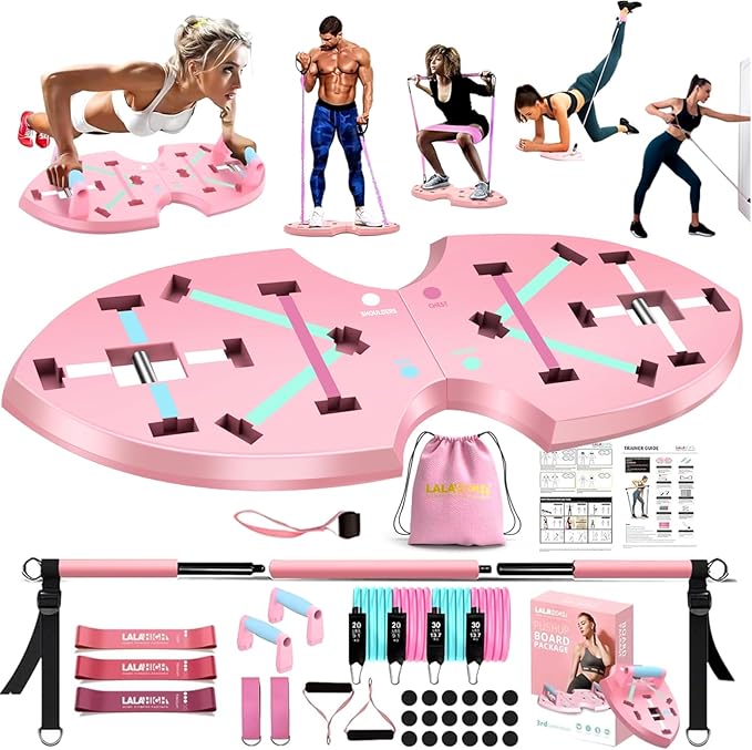 LALAHIGH Portable Home Gym System for Men and Women:Push Up Board, Pilates Bar & 20 Fitness Accessories with Resistance Bands and Ab Roller Wheel-Professional Strength Training Exercise