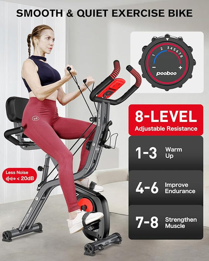 pooboo Folding Exercise Bike, Foldable Fitness Stationary Bike Machine, Upright Indoor Cycling Bike, Magnetic X-Bike with 8-Level Adjustable Resistance, Bottle Holder & Back Support Cushion for Home Gym Workout