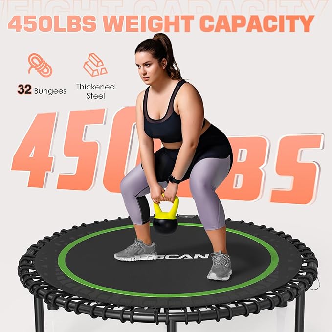 BCAN 450/550 LBS Foldable Mini Trampoline, 40"/48"/50" Fitness Trampoline with Bungees, U/T Shape Adjustable Foam Handle, Stable & Quiet Exercise Rebounder for Kids Adults Indoor/Garden Workout