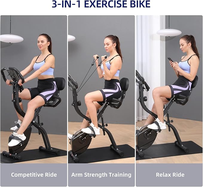 Foldable Exercise Bike Stationary Bike, Sportneer 4 in 1 Indoor Cycling Bike with 16 Level Magnetic Resistance Training Bike with Arm Resistance Band PVC Floor Mat Fitness Bike for Home Gym Workout