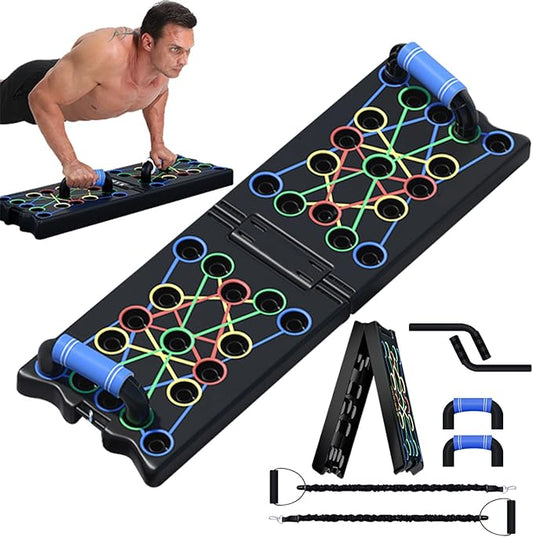 Foldable Push up Board with Resistance Bands and Pushup Handles, Chest Muscle Exercise Burn Fat Strength Training Arm, Portable Home Workout Equipment for Men and Women