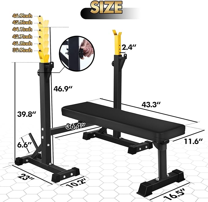 Bench Press, CANPA Olympic Weight Bench with Squat Rack Workout Bench Adjustable Barbell Rack Stand Strength Training Home Gym Multi-Function