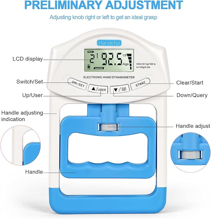 Handeful Grip Strength Tester Trainer - Dynamometer Handgrip Measurer Meter, Handheld Strengthener Exerciser for Sports, School, and Home Use (198Lbs / 90Kgs)