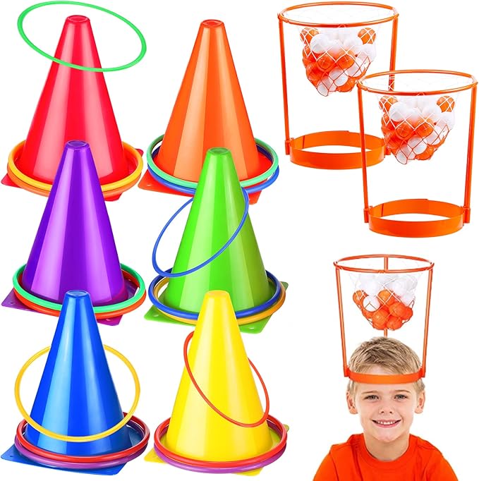 Sotiff 51 Pcs Carnival Games for Kids Adults Include Plastic Cones Ring Toss Combo and Head Hoop Basketball Game Carnival Birthday Party Throwing Games Indoor Outdoor Activity Back to School Gift