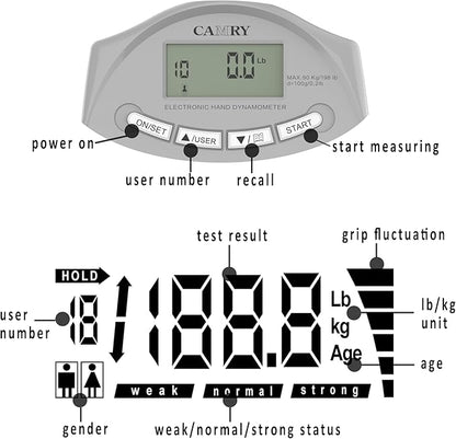 CAMRY Digital Hand Dynamometer Grip Strength Measurement Meter 198Lbs / 90Kgs Auto Capturing Electronic Hand Grip Power