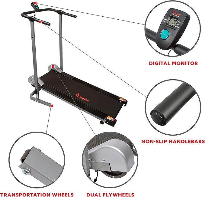 Sunny Health & Fitness Manual Walking Treadmill, Non-Electric, Foldable & Compact Design, Quiet Tread Pad, Transportation Wheels, Non-Slip Handlebars, Digital Monitor for Apartment, Gym, Home Office