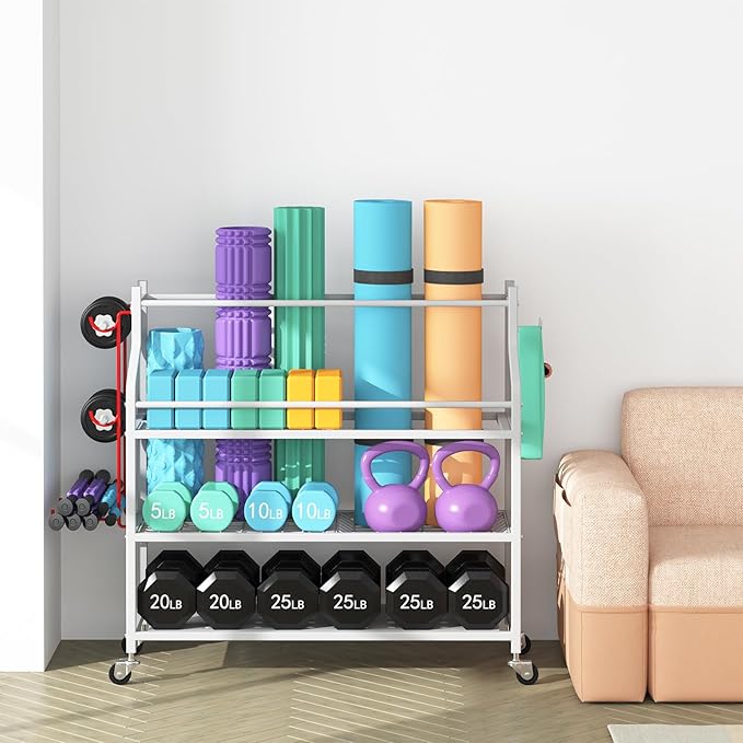 VILAWLENCE Yoga Mat Storage Rack Cart,Home Gym Multifunctional Removable Rack for Dumbbells Kettlebells Rope,Large Capacity Organizer Storage Cart for Home Exercise Equipment