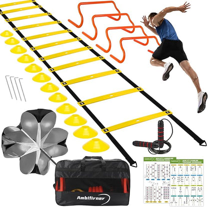 Agility Ladder Training Equipment Set - Agility Ladder(12 Rungs/20ft), 4 Speed Hurdles, 12 Training Cones, Jump Rope, Parachute for Speed/Soccer/Football Training with Carry Bag