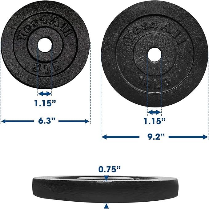 Yes4All 1.15 Inch Cast Iron Weight Plate - Ideal for Dumbbell Handle, Strength Training & Weightlifting (Set)