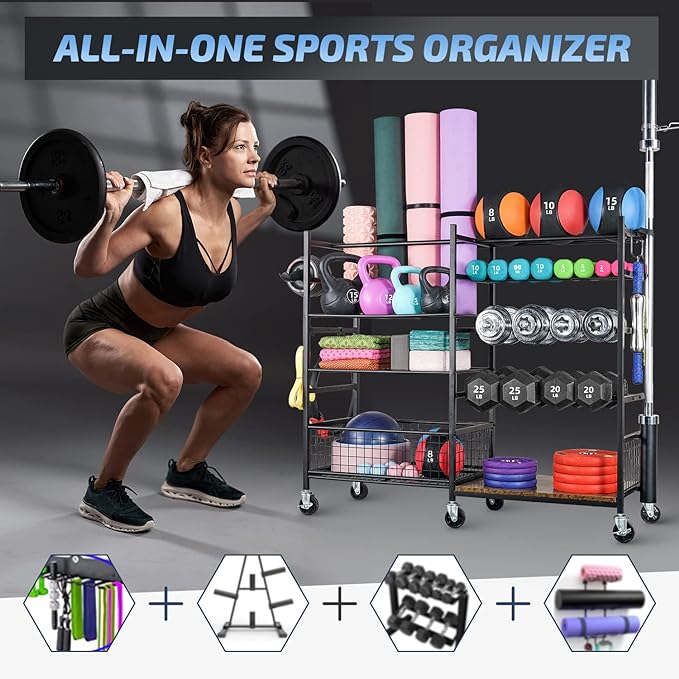 PLKOW Dumbbell Rack, Weight Rack for Dumbbells, Home Gym Storage for Dumbbells Kettlebells Yoga Mat and Balls, All in One Workout Storage with Wheels and Hooks, Powder Coated Finish Steel