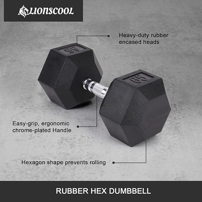 LIONSCOOL Rubber Encased Hex Dumbbells in Pairs or Single 5-65lbs