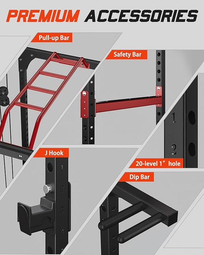 Power Cage, 1200lbs Capacity Power Rack with Adjustable Cable Crossover System, Multi-Function Squat Rack with Pulley System, Weight Cage for Home Gym with Training Attachments