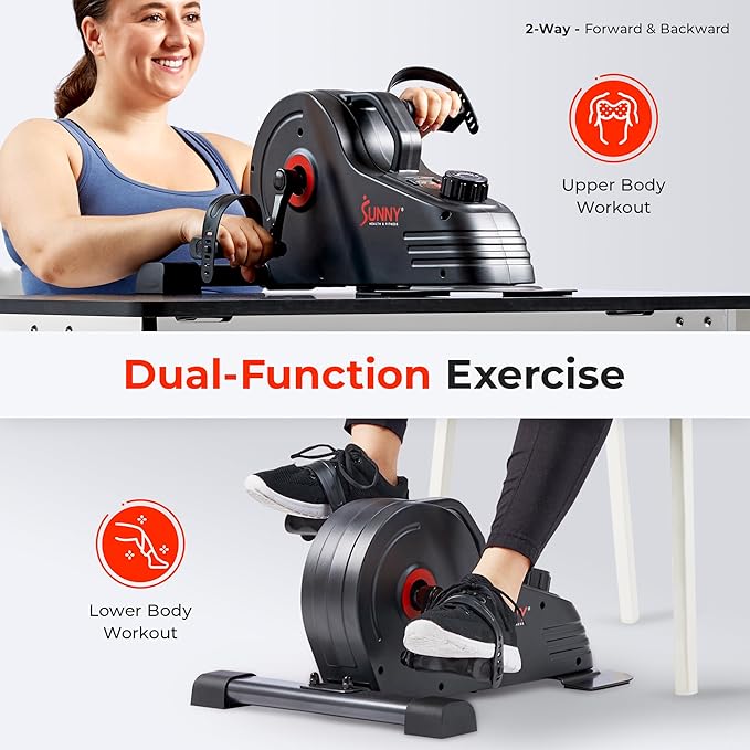 Sunny Health & Fitness Dual Function Under Desk Pedal Exerciser, Portable Indoor Cardio Mini Bike in Home/Office, Arm/Leg Cycle for Seniors, Optional Magnetic, motorized & SunnyFit App Bluetooth Link