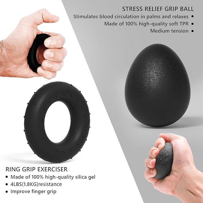 Hand Grip Strengthener Kit with Wrist Strengthener - Ultimate Hand Exerciser Set for Forearm Workout, Adjustable Grip Strength Trainer, Stress Relief Ball, Exercise Ring, Training and Recovery (Frosted Black)