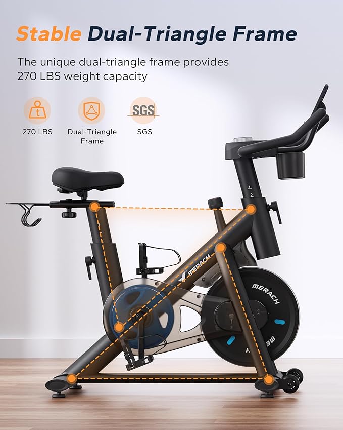 MERACH Exercise Bike, Brake Pad/Magnetic Stationary Bike with Exclusive App, Low Noise Indoor Cycling Bike with 270lbs Weight Capacity, Dumbbell Rack and Free Fitness Courses