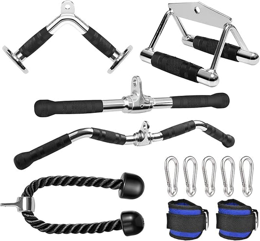 6 Pieces Cable Machine Accessories Set - LAT Bar Cable Machine Attachment, Double D Handle, V-Shaped Bar, Tricep Rope, Rotating Straight Bar & Ankle Straps, for Arm Strength Workout Training