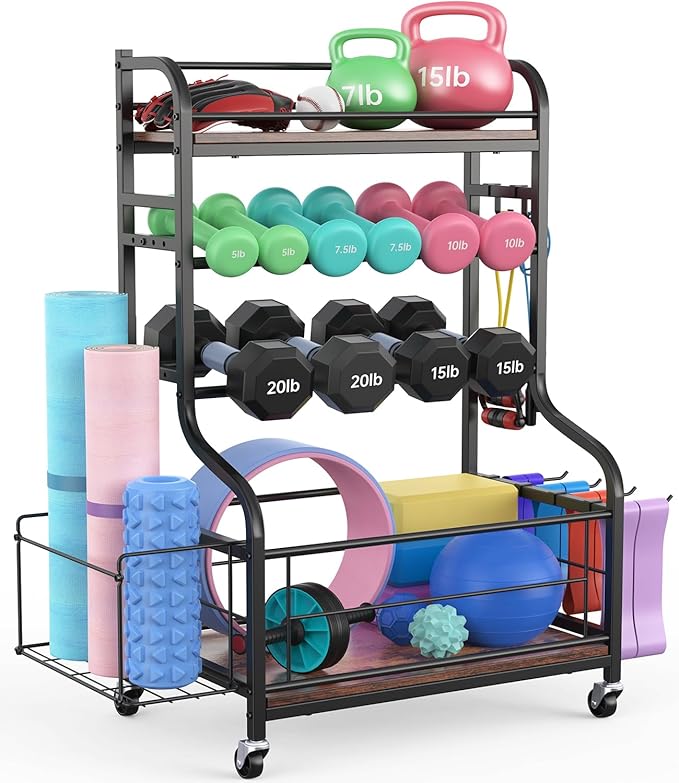 Weight Rack for Dumbbells, All in One Home Gym Storage Rack for Yoga Mat Dumbbells and Kettlebells Holder, 4 Tier Heavy Duty Metal Workout Gym Equipment Storage Organizer with Wheels and Hooks