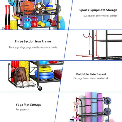 Dumbbell Rack Weight Rack for Home Gym with Wheels and Hooks Sports Equipment Organizer for Garage Yoga Mat Holder Fitness Equipments Storage