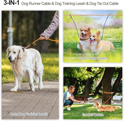 Snagle Paw Dog Runner for Yard 3 in 1, 75FT Dog Training Leash with Handle for Small Medium Large Dogs, Reflective Rope Dog Tie Out Cable with Carabiner for Yard,Park,Camping (Orange for 2 Dog)