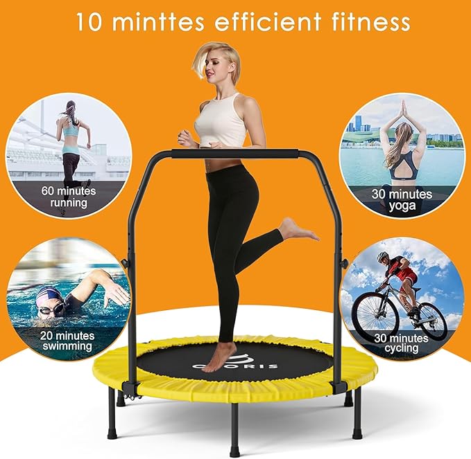 CLORIS 40in Folding Trampoline Mini Rebounder Fitness Trampoline with Adjustable Foam Handle for Kids/Adult, with safty Padded Cover Best Gift for Kids/Adult