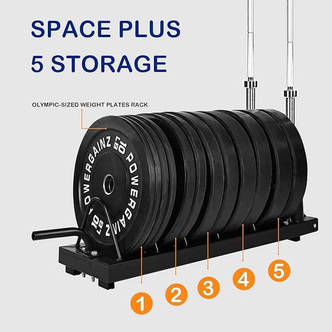 Signature Fitness Horizontal Plate and Olympic Bar Rack Organizer with Steel Frame and Transport Wheels