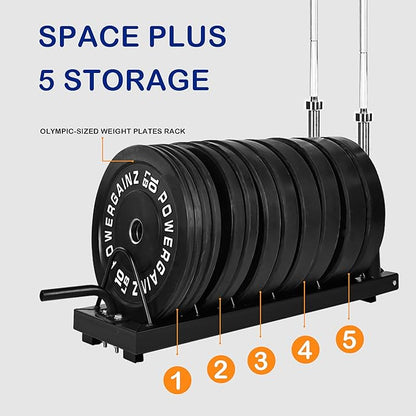 Signature Fitness Horizontal Plate and Olympic Bar Rack Organizer with Steel Frame and Transport Wheels