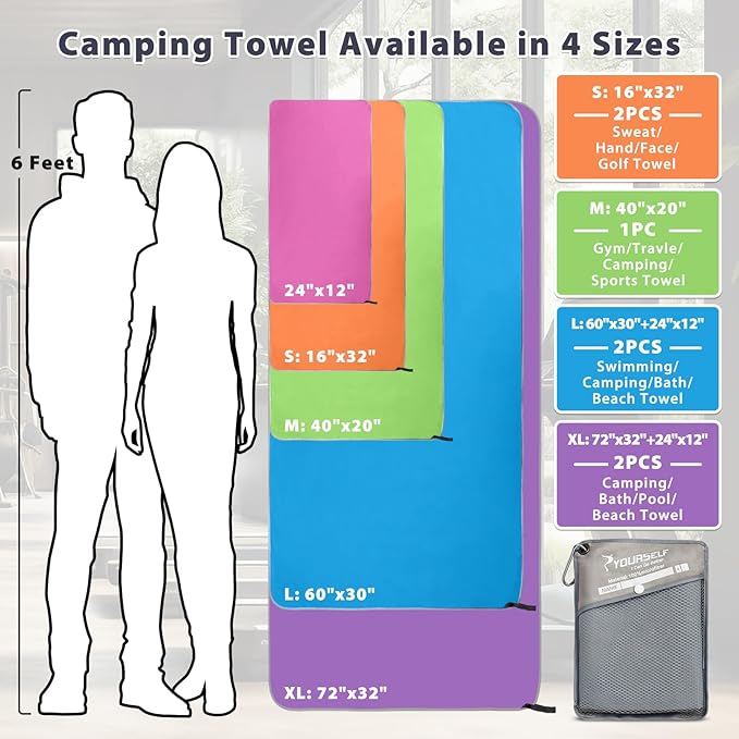 SYOURSELF 2 Pack Camping Towel, Quick Dry Towel Beach Towel,Super Absorbent Compact Travel Towel Gym Towel Sport Towel for Yoga Workout Hiking Bath Swimming Backpacking(L:60"x30"+12"x24")