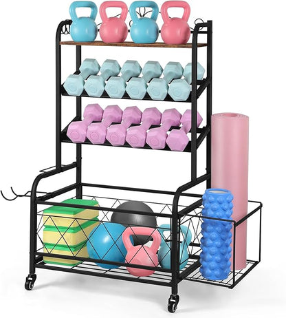 ETELI Home Gym Storage Rack Weight Holder Rack for Dumbbells Garage Sports Equipment Organizer for Yoga Mat Kettlebells and Strength Training Fitness Equipment with Hooks, Wheels