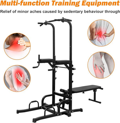 Power Tower with Bench, Pull Up Bar Dip Station with Adjustable Height, Training Workout Equipment, Foldable Heavy Duty Full Body Strength Training Power Tower